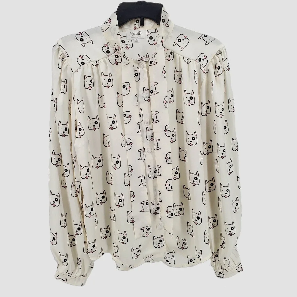 Tulip B Womens XL French Bulldog‎ Dog Print Tie Neck Blouse Cream EBJT248 New